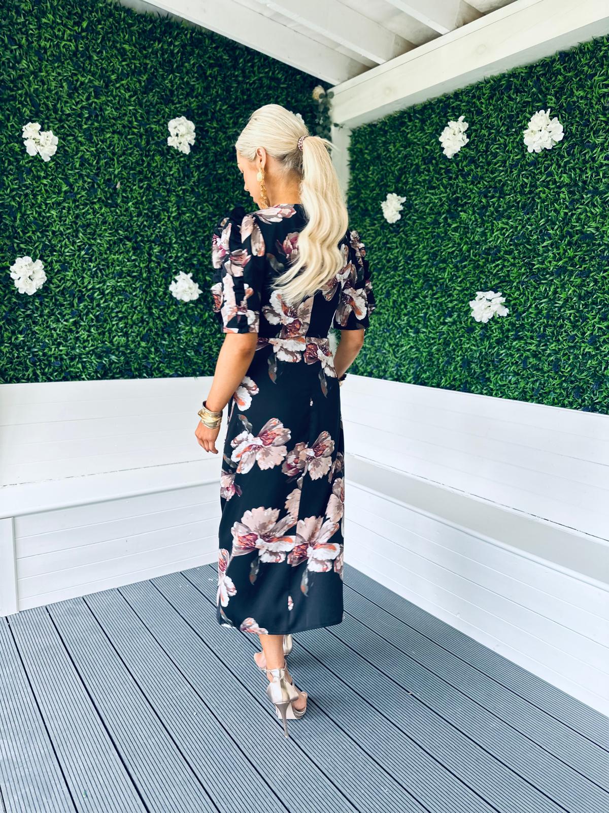 Samira Frill Sleeve Midi Dress Floral Black