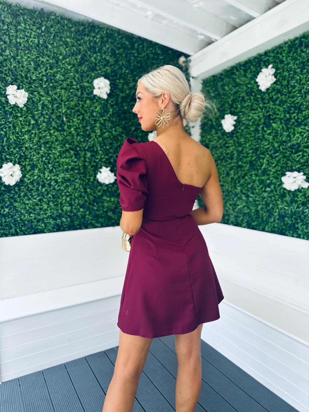 Caroline One Shoulder Occasion Mini Dress Burgundy