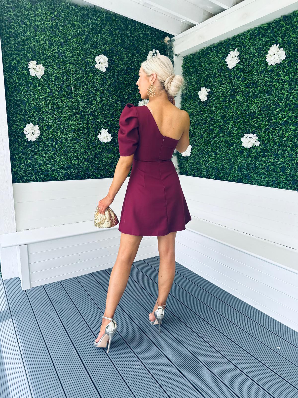 Caroline One Shoulder Occasion Mini Dress Burgundy