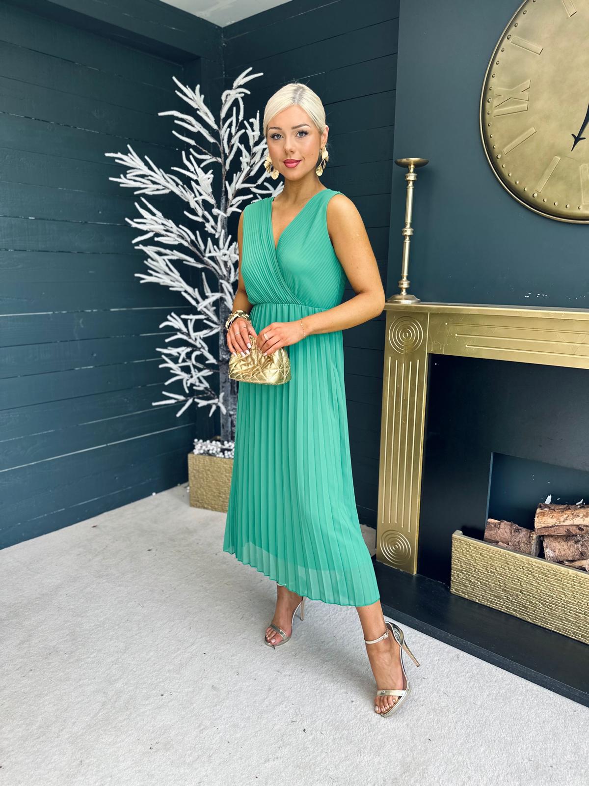 Lexi Pleated Midi Dress Emerald