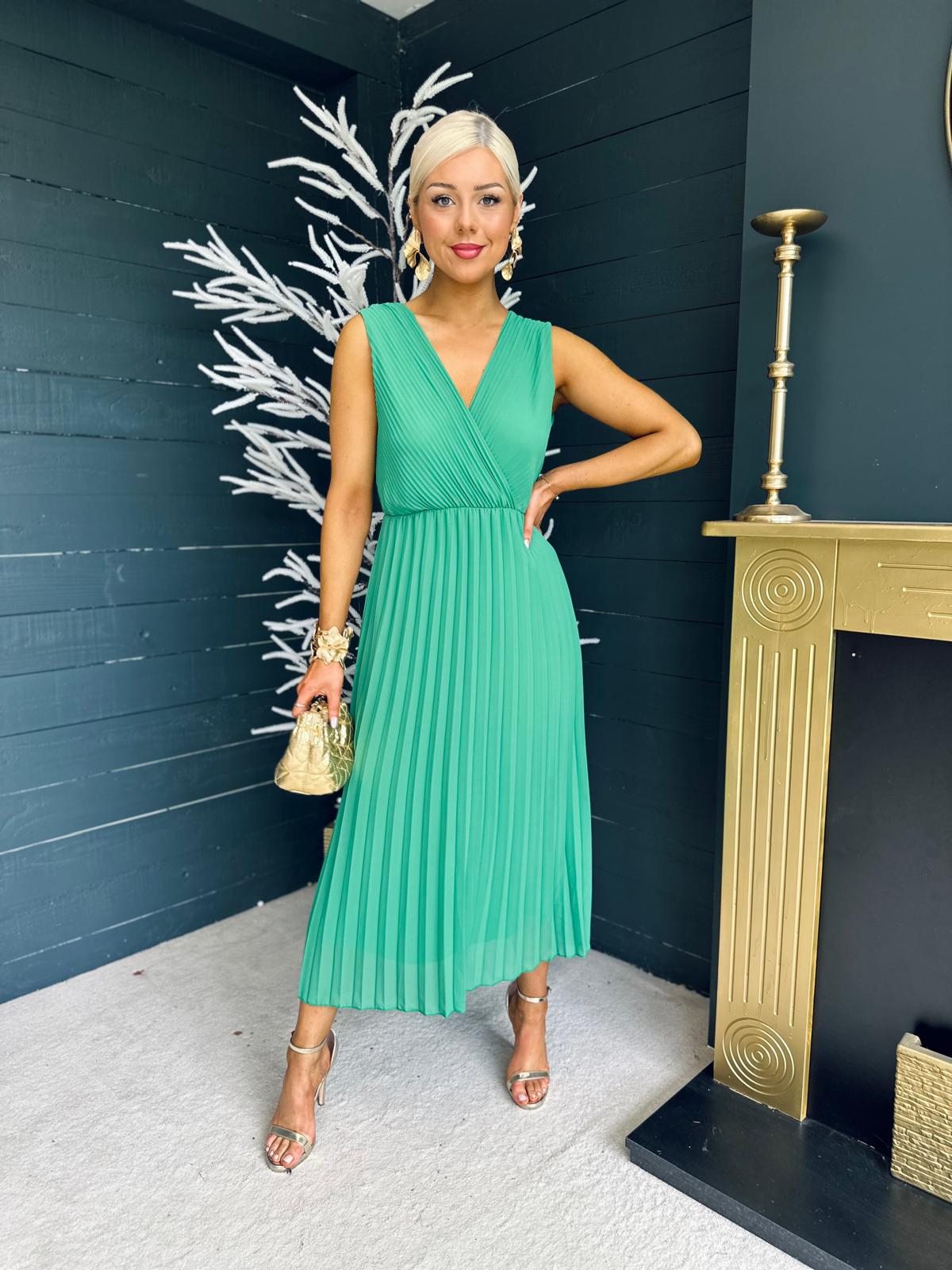 Lexi Pleated Midi Dress Emerald