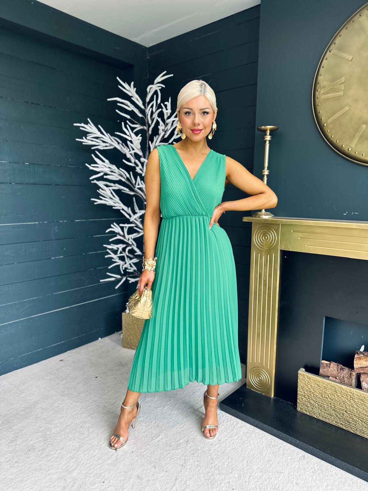 Lexi Pleated Midi Dress Emerald