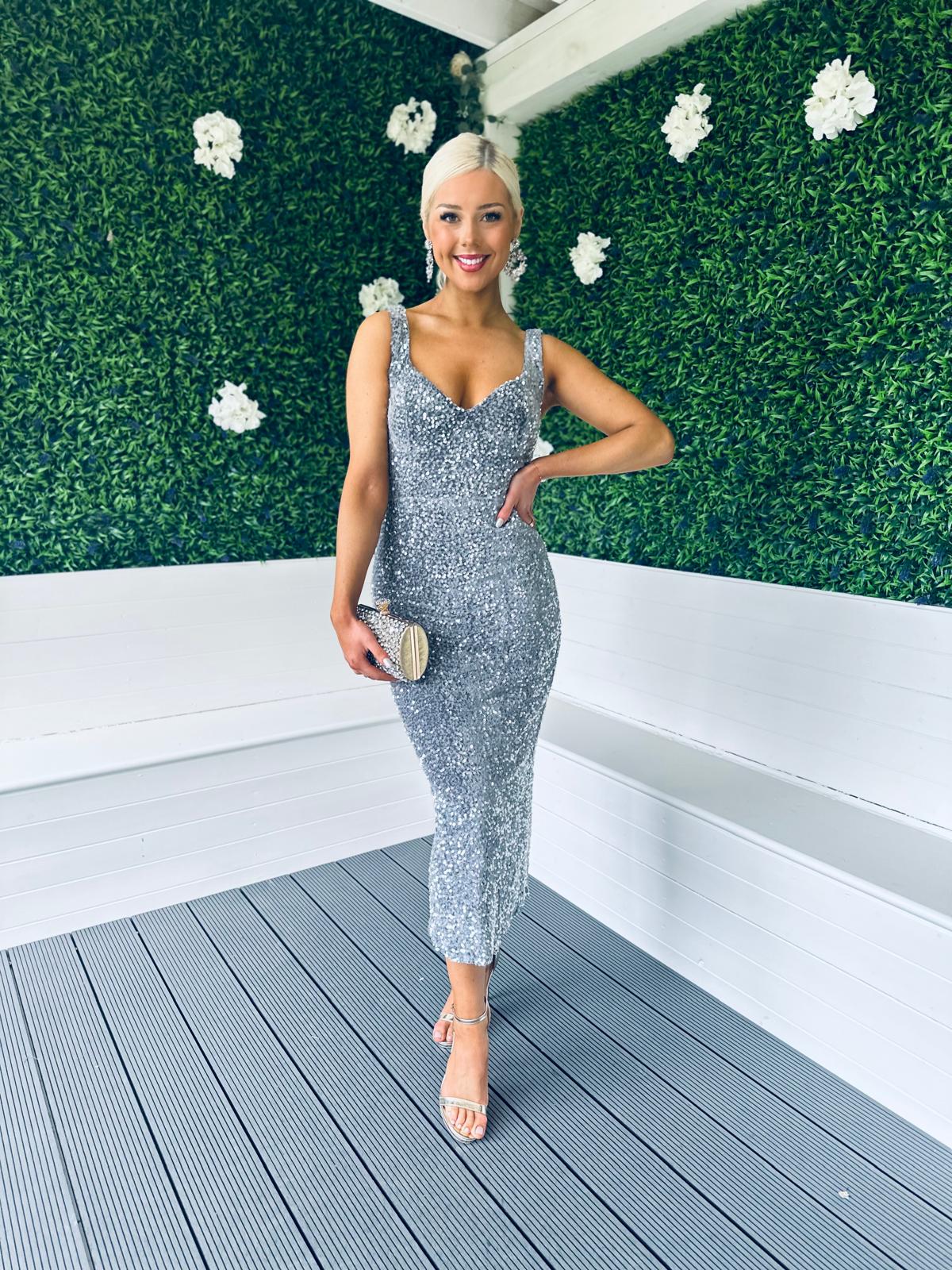 Pippa Occasion Midi Dress Sequin Grey