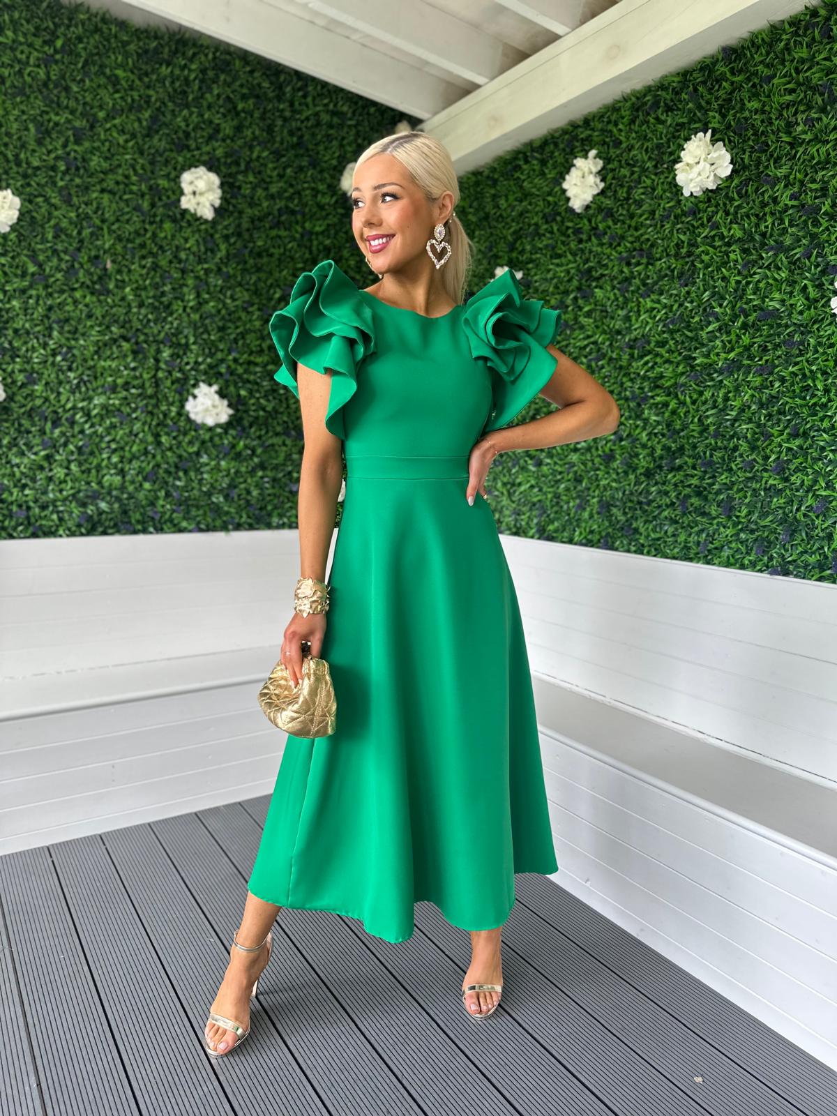 Celia Frill Detail Occasion Dress Emerald