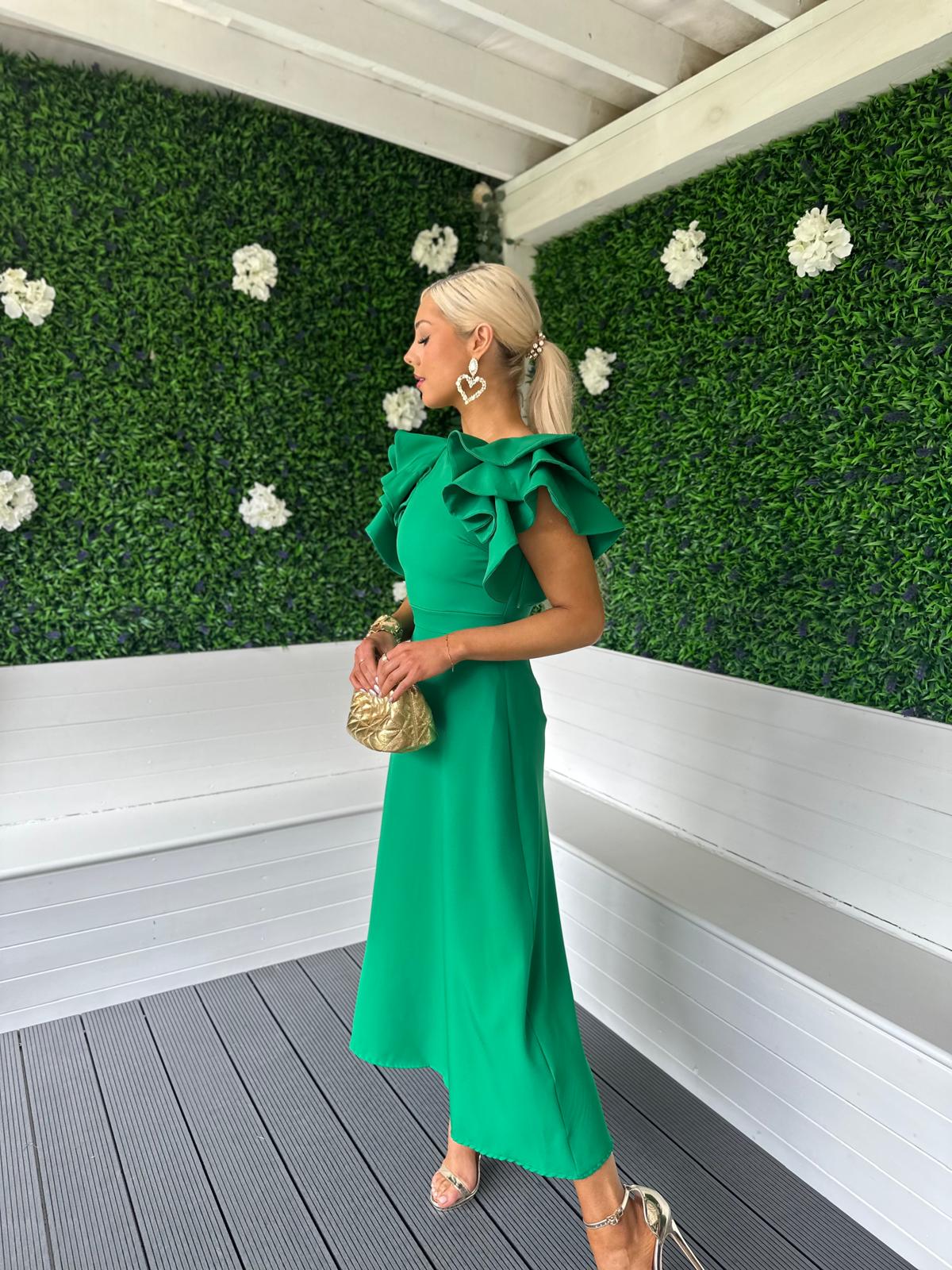 Celia Frill Detail Occasion Dress Emerald