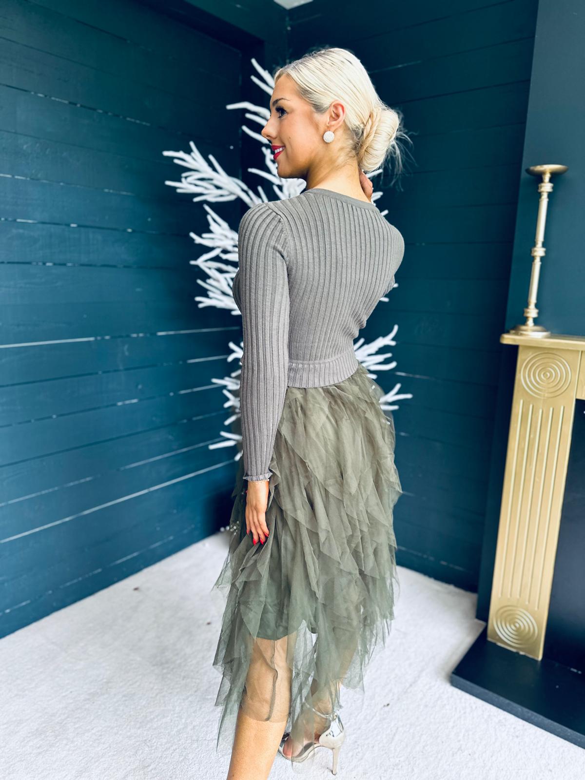 Flynn Knit Tulle Dress Khaki Canella Lane