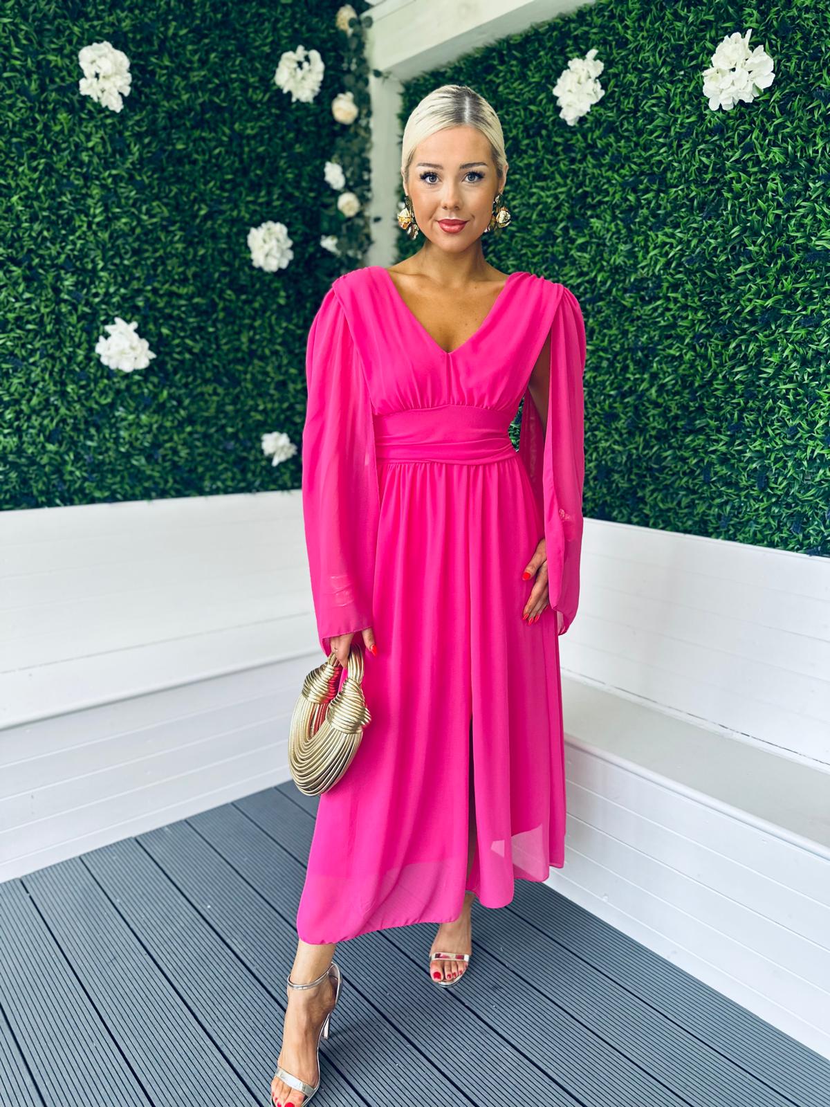 Alannah Cape Detail Midi Dress Cerise