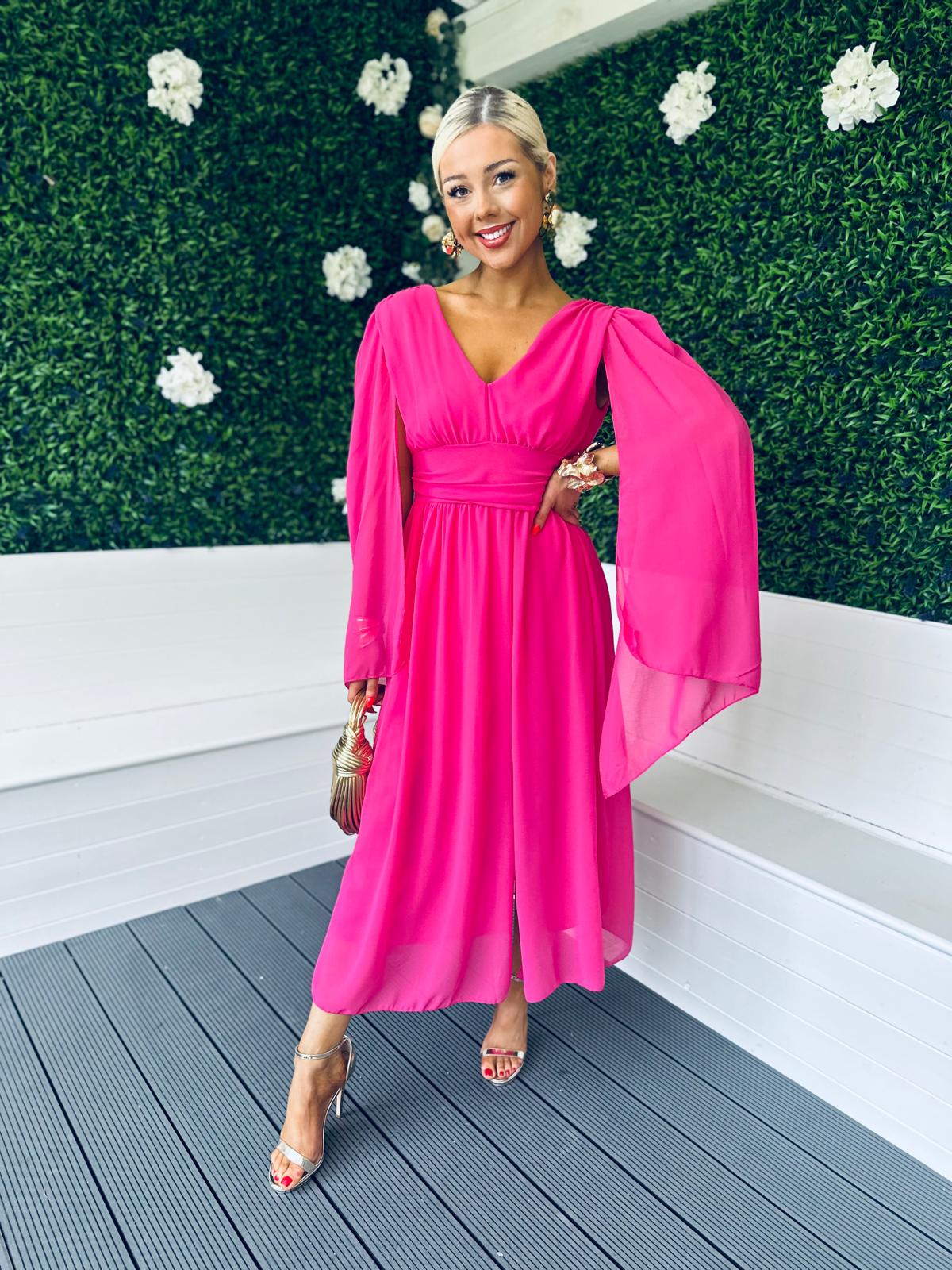 Alannah Cape Detail Midi Dress Cerise