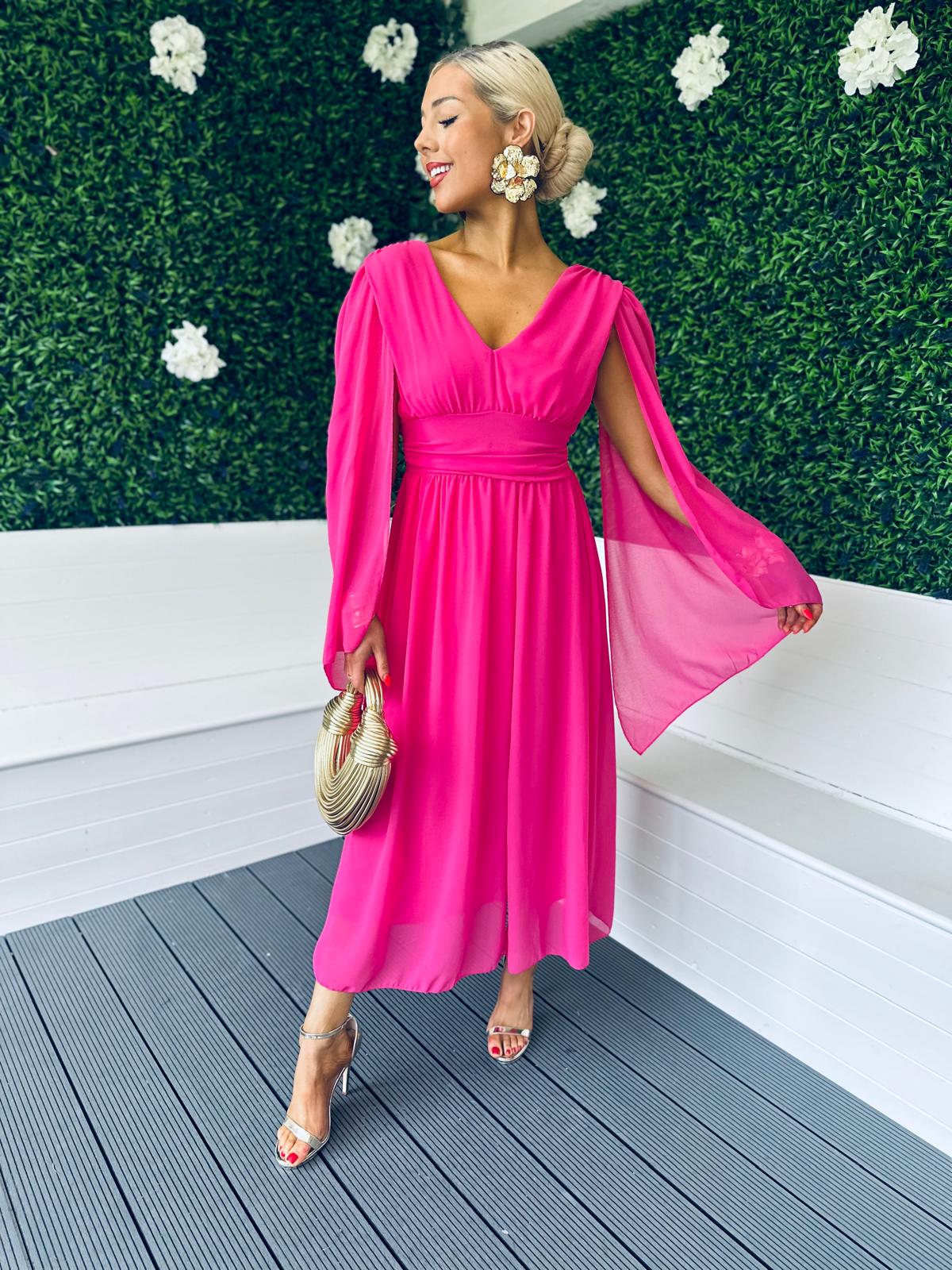 Alannah Cape Detail Midi Dress Cerise