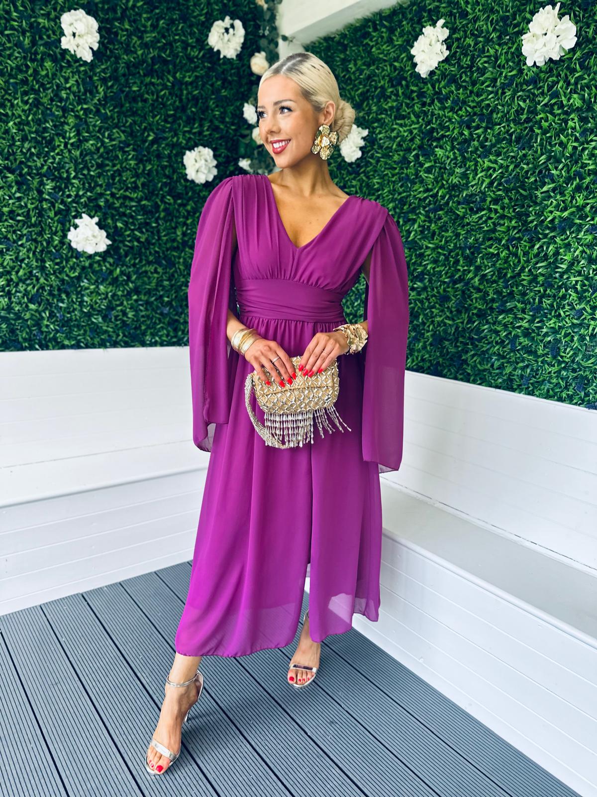 Alannah Cape Detail Midi Dress Berry