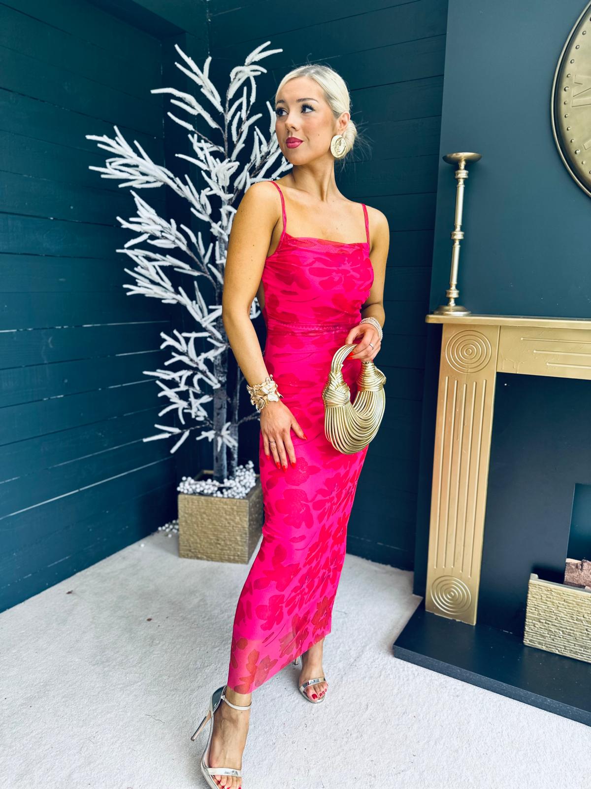 Erika Mesh Slinky Midi Dress Pink