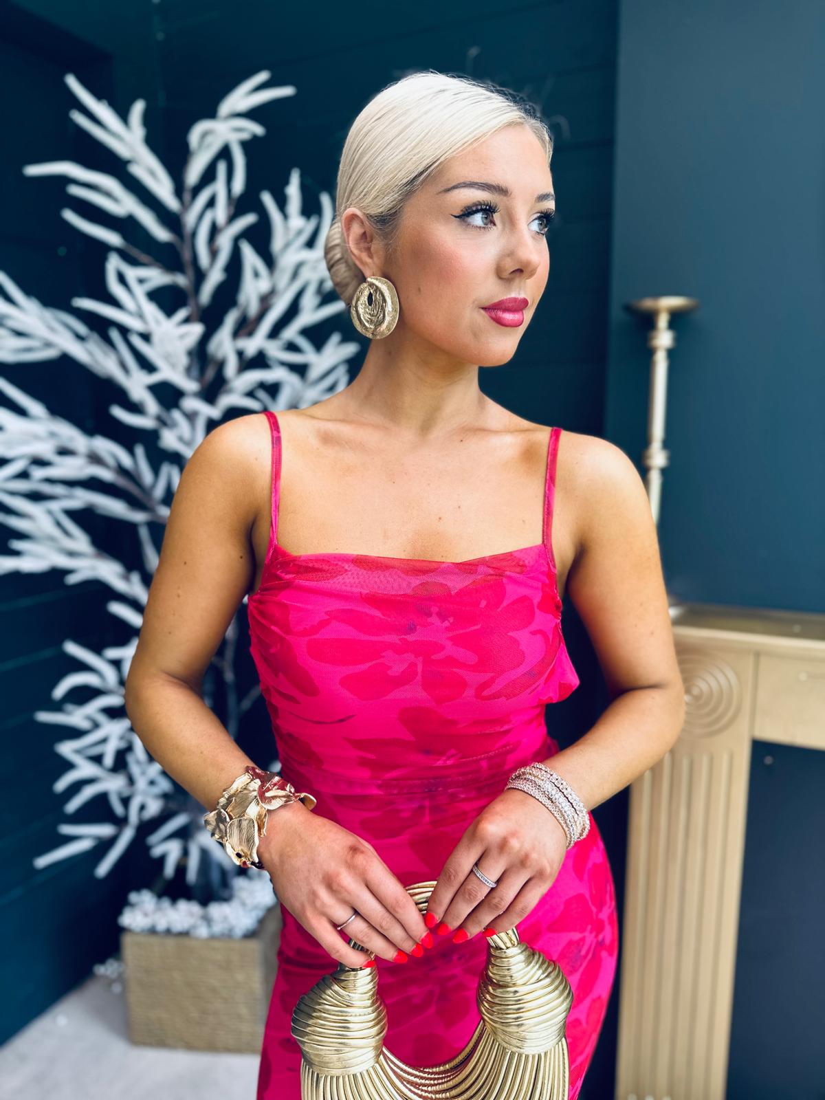 Erika Mesh Slinky Midi Dress Pink