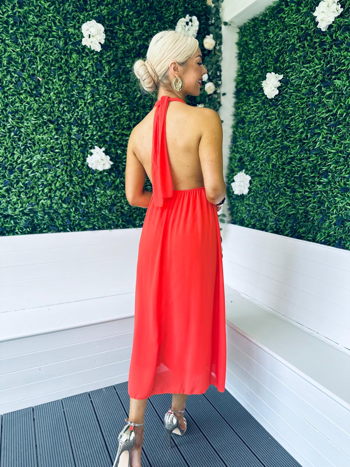 Aoife Halterneck Midi Dress Coral