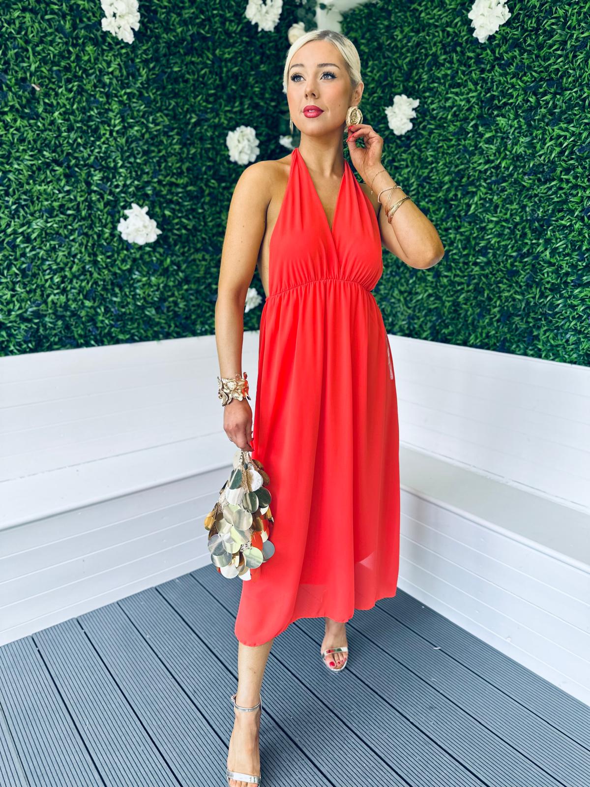 Aoife Halterneck Midi Dress Coral