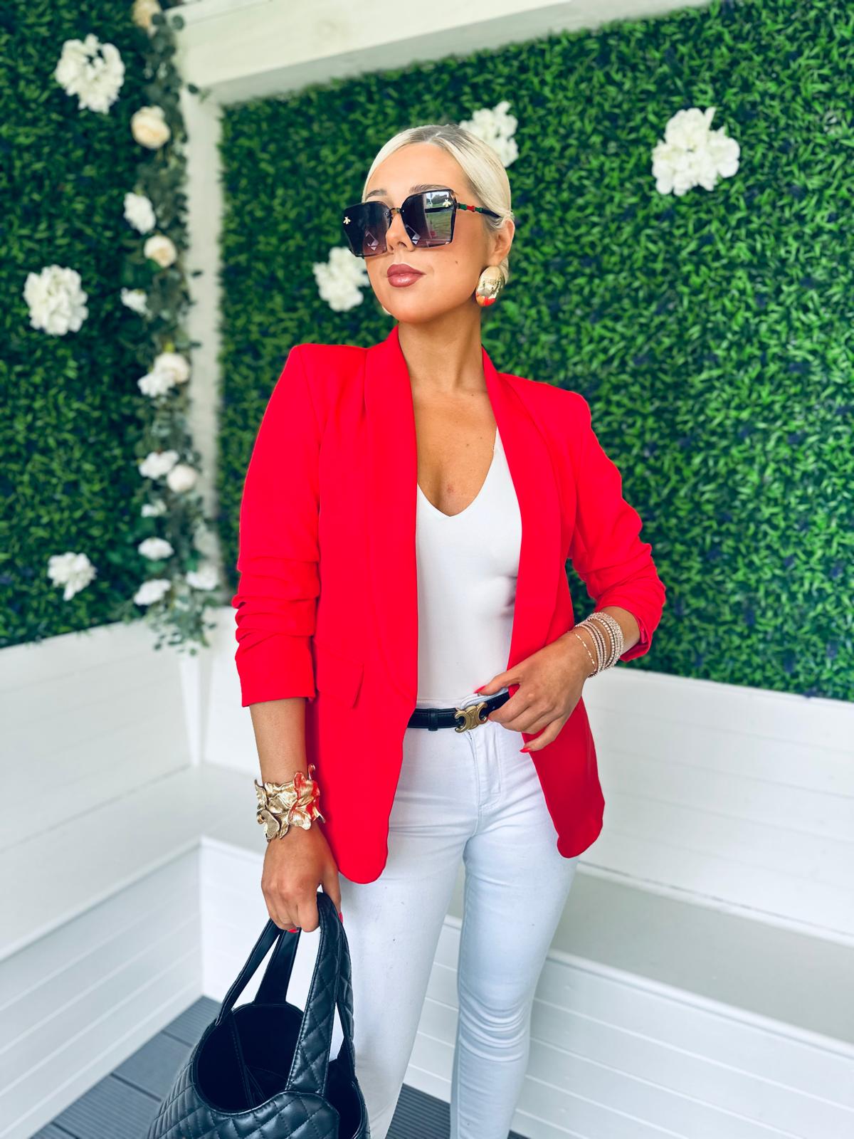 Baily Ruched Sleeve Blazer Red