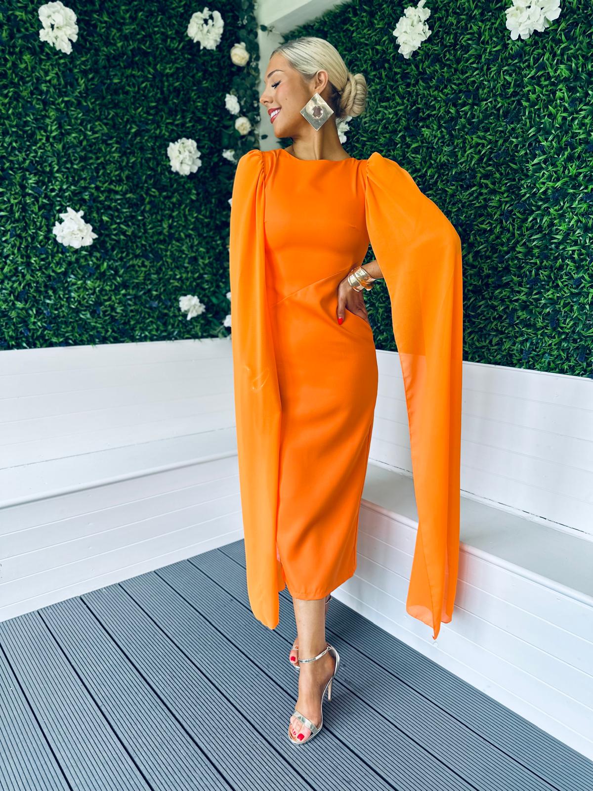 Camilla Cape Detail Occasion Dress Orange