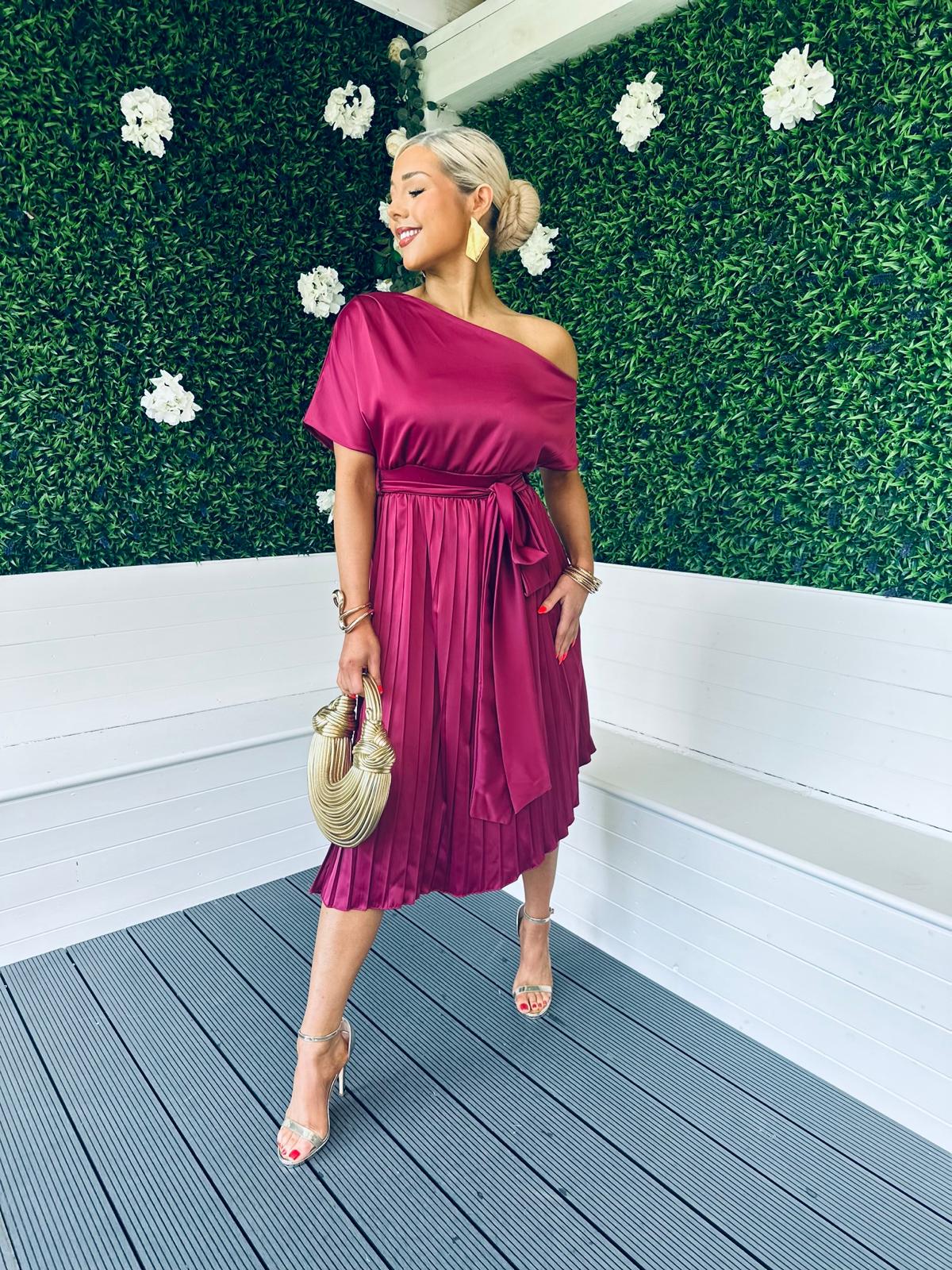 Enya Pleated Occasion Dress Wine