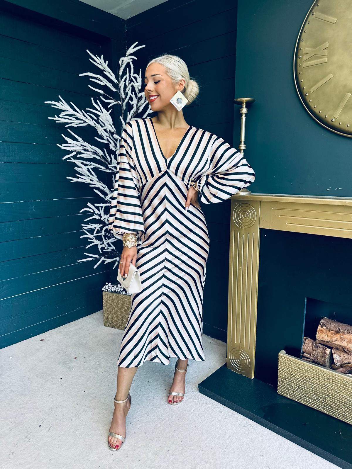 Landan V Neck Long Sleeves Maxi Dress In Stripe