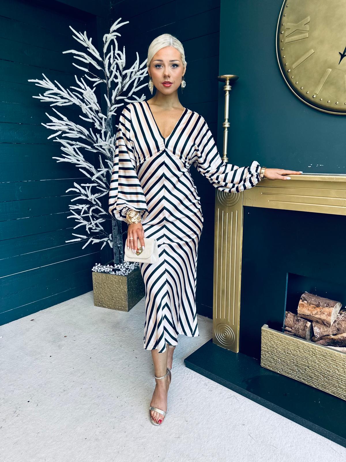 Landan V Neck Long Sleeves Maxi Dress In Stripe