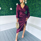 Elsa Gold Buckle Long Sleeve Wrap Asymmetric Dress In Wine