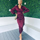 Elsa Gold Buckle Long Sleeve Wrap Asymmetric Dress In Wine