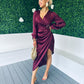 Elsa Gold Buckle Long Sleeve Wrap Asymmetric Dress In Wine