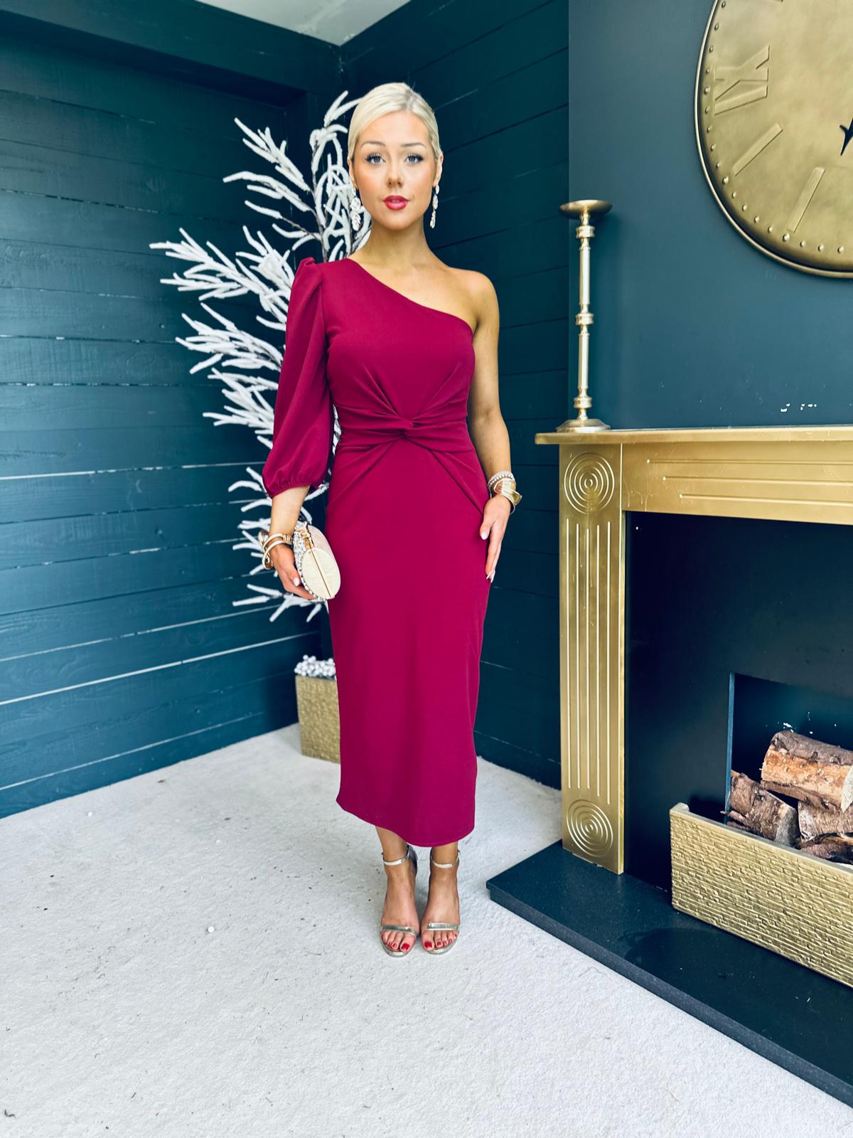 Kirsten One Shoulder Occasion Midi Dress Burgundy