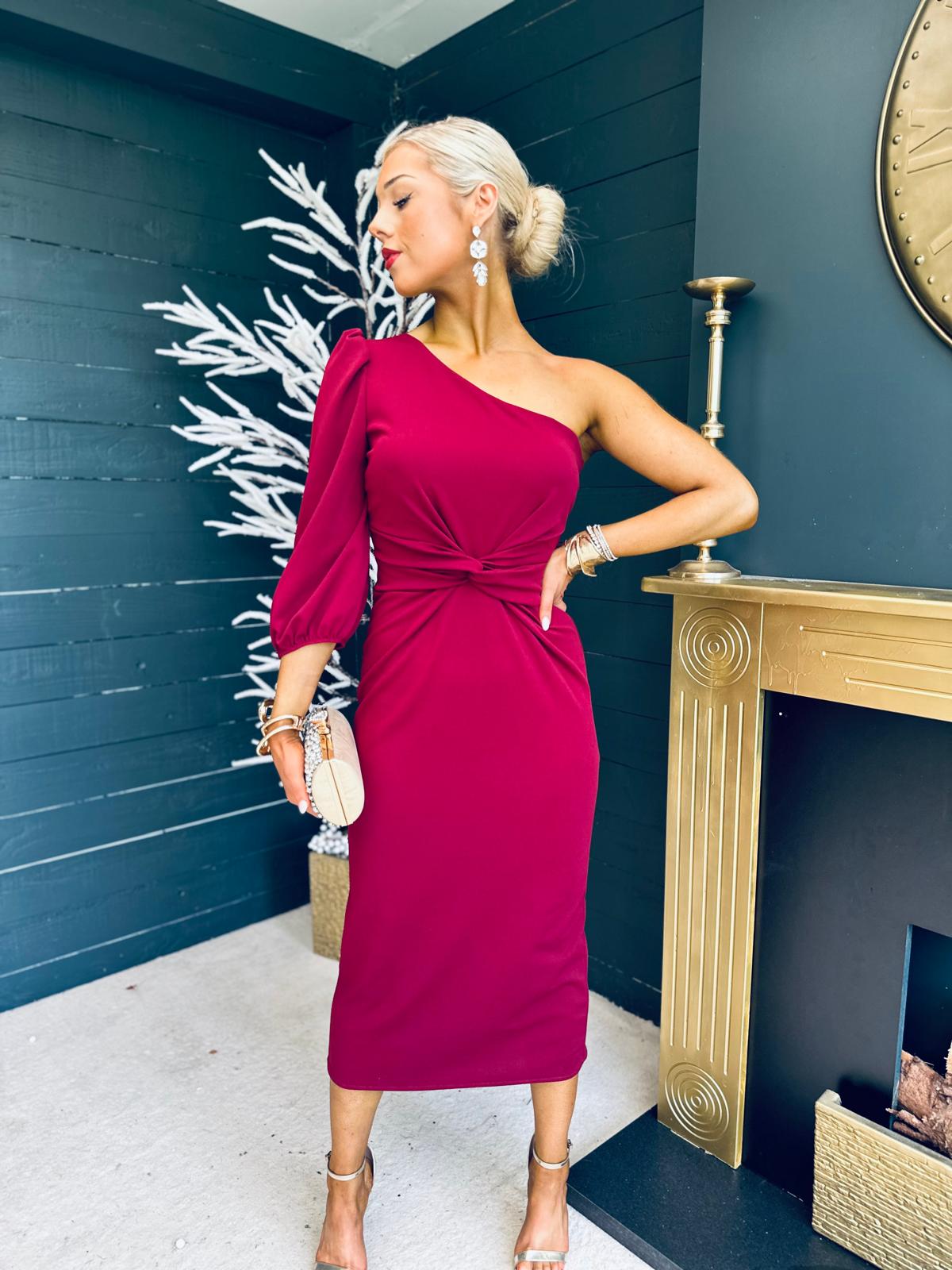 Kirsten One Shoulder Occasion Midi Dress Burgundy