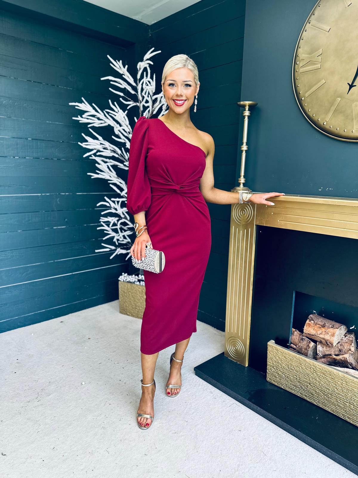 Kirsten One Shoulder Occasion Midi Dress Burgundy