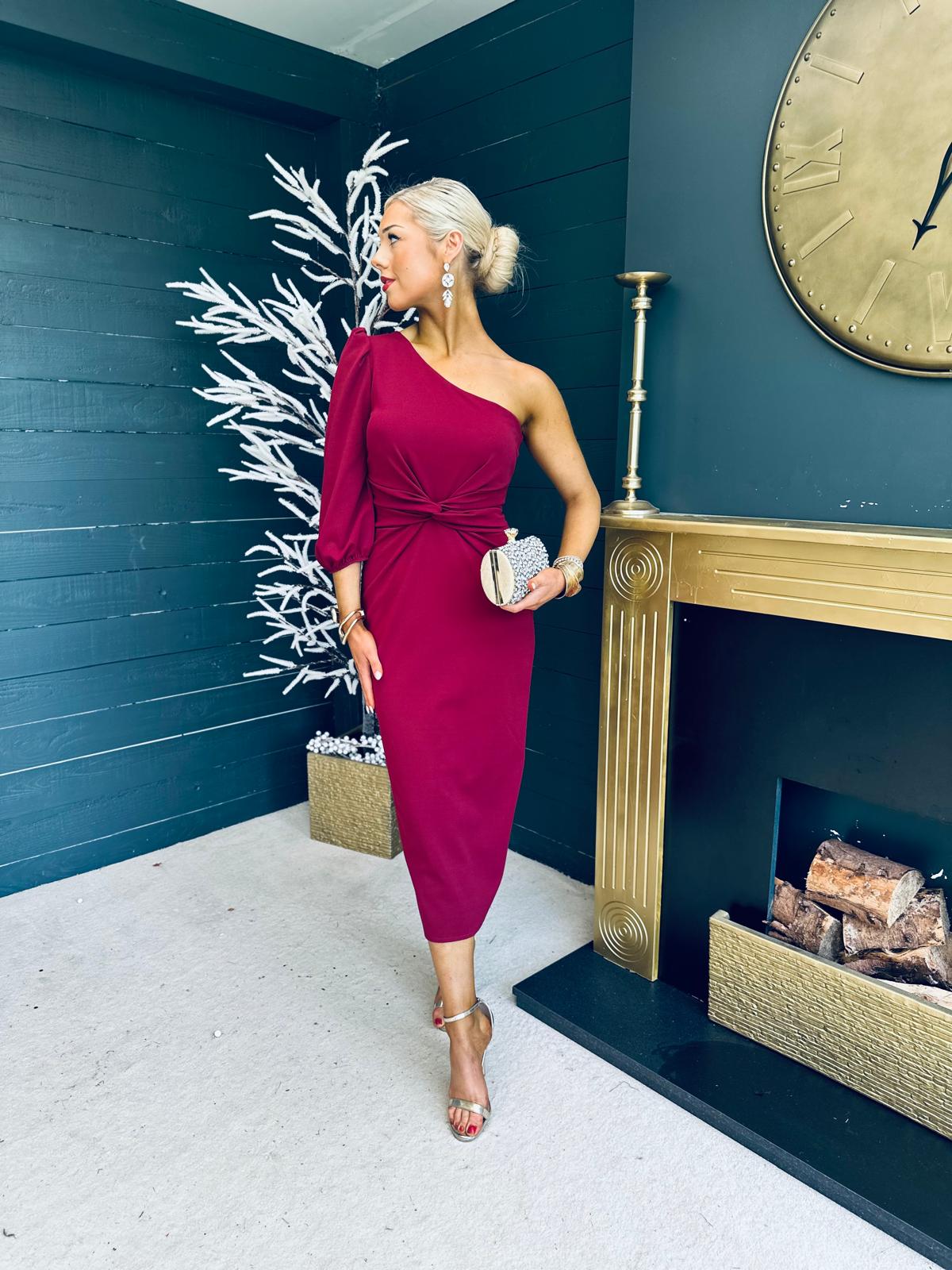 Kirsten One Shoulder Occasion Midi Dress Burgundy