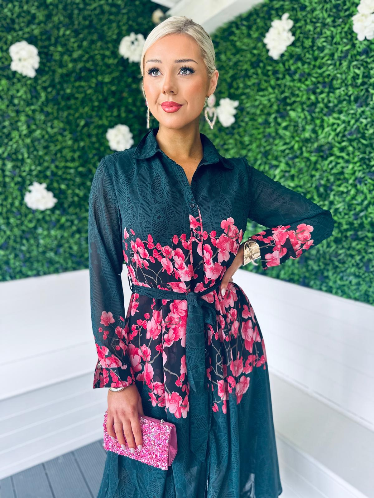 Everly Floral Shirt Midi Dress Dark Green