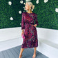 Fay Padded Shoulder Long Sleeve Midi Dress Berry Leopard