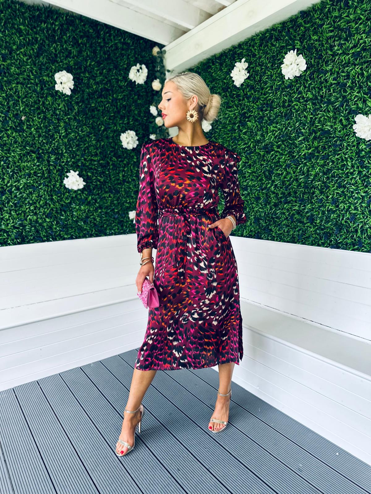 Fay Padded Shoulder Long Sleeve Midi Dress Berry Leopard