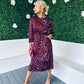 Fay Padded Shoulder Long Sleeve Midi Dress Berry Leopard