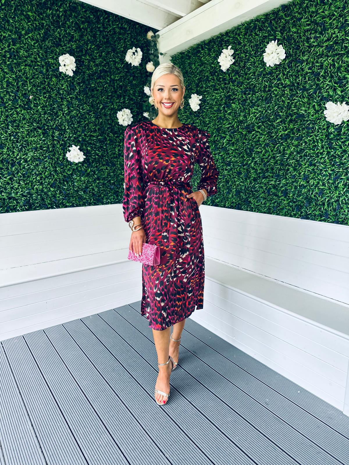 Fay Padded Shoulder Long Sleeve Midi Dress Berry Leopard