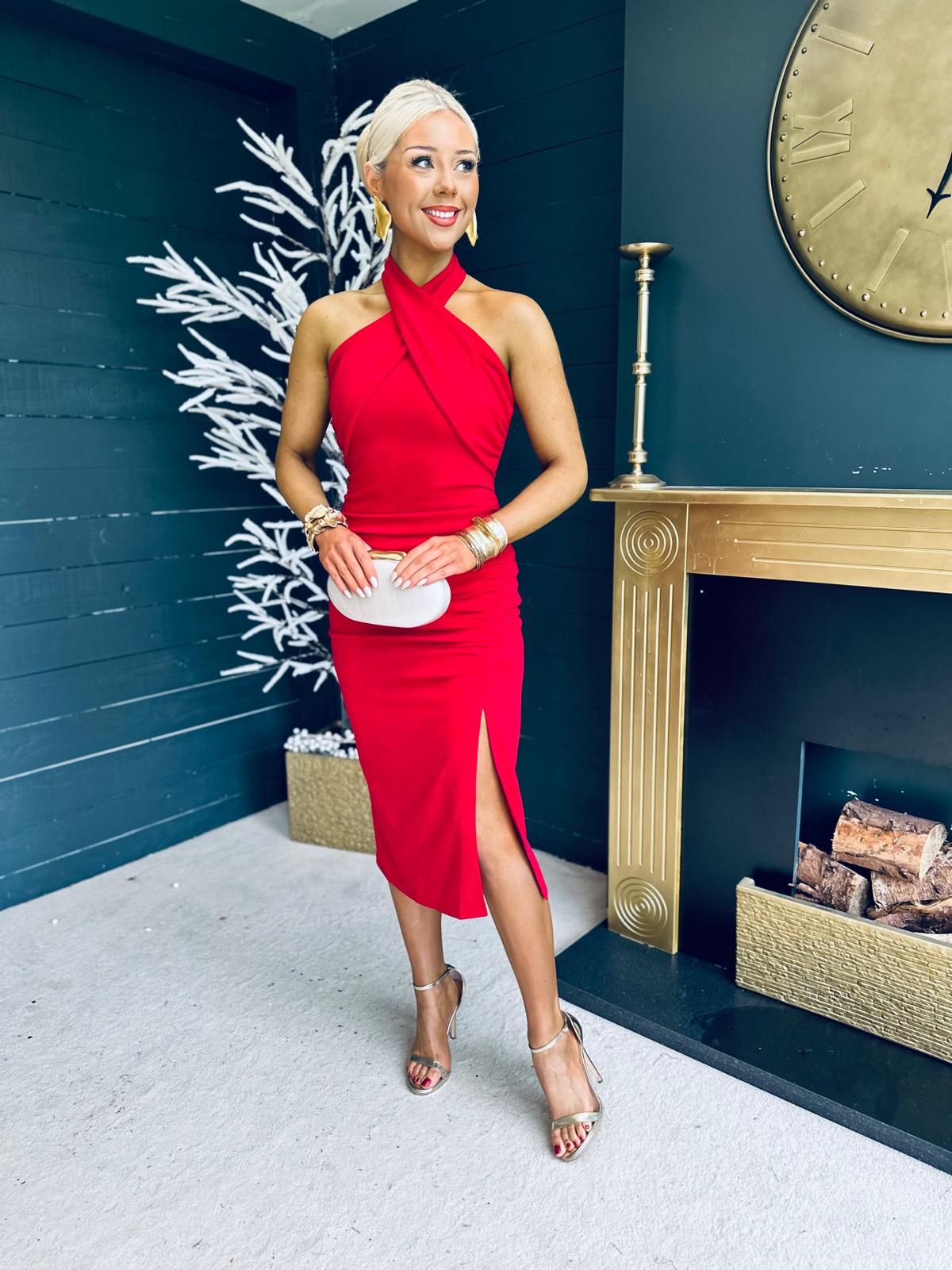 Bless Halter Neck Red Side Split Midi dress