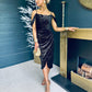 Camila Velvet Foil Wrap Over Midi Dress Gold and Black