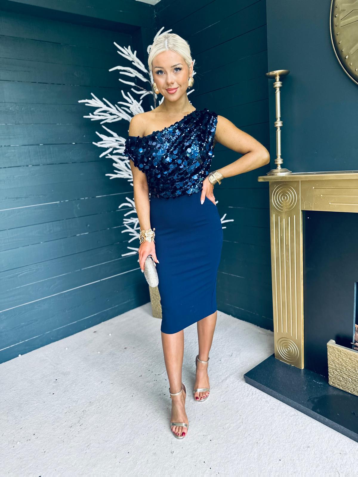 Lora Sequin Asymmetric Midi Dress Navy