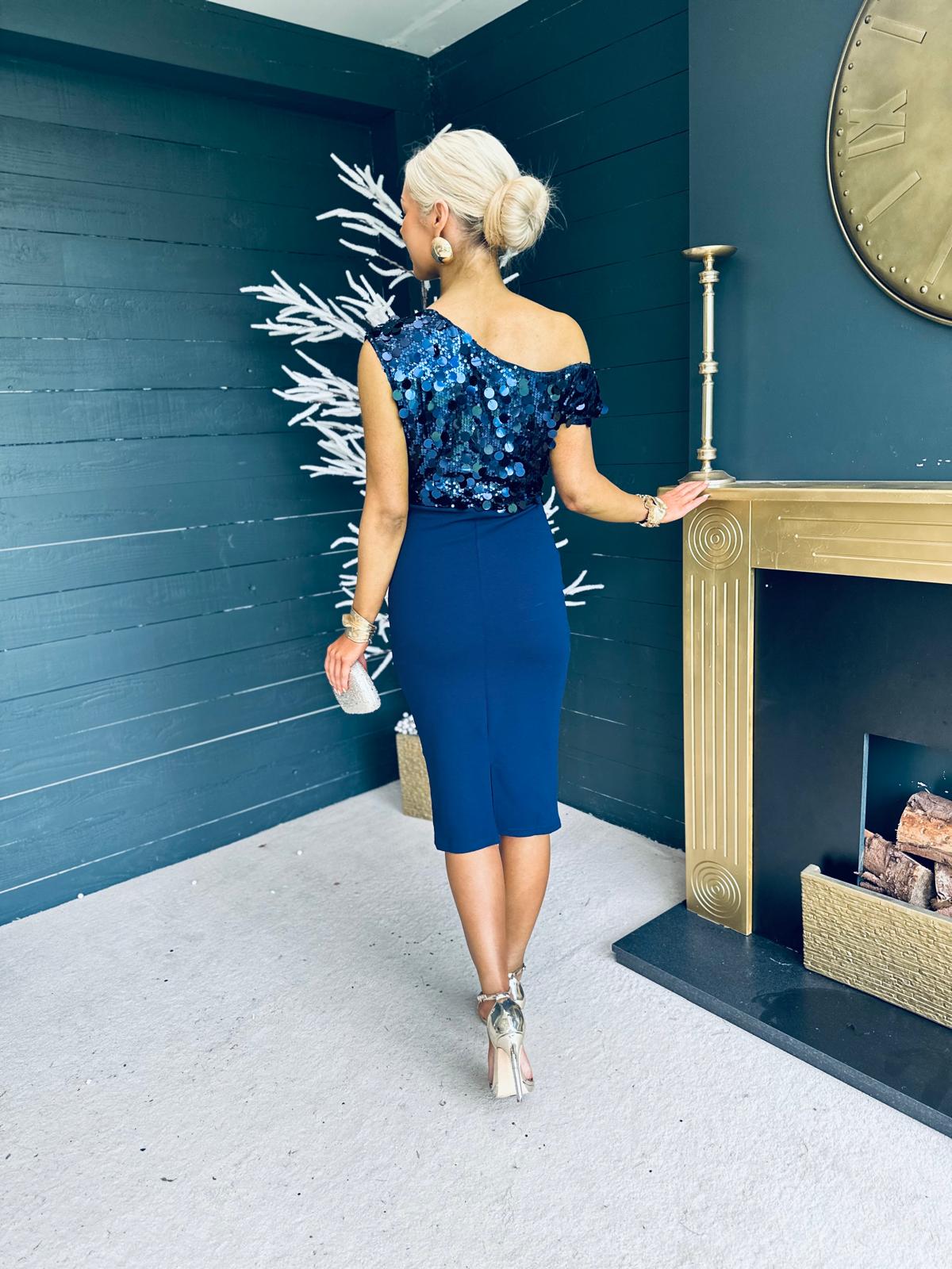 Lora Sequin Asymmetric Midi Dress Navy