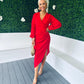 Elsa Long Sleeve Asymmetric Midi Dress Red