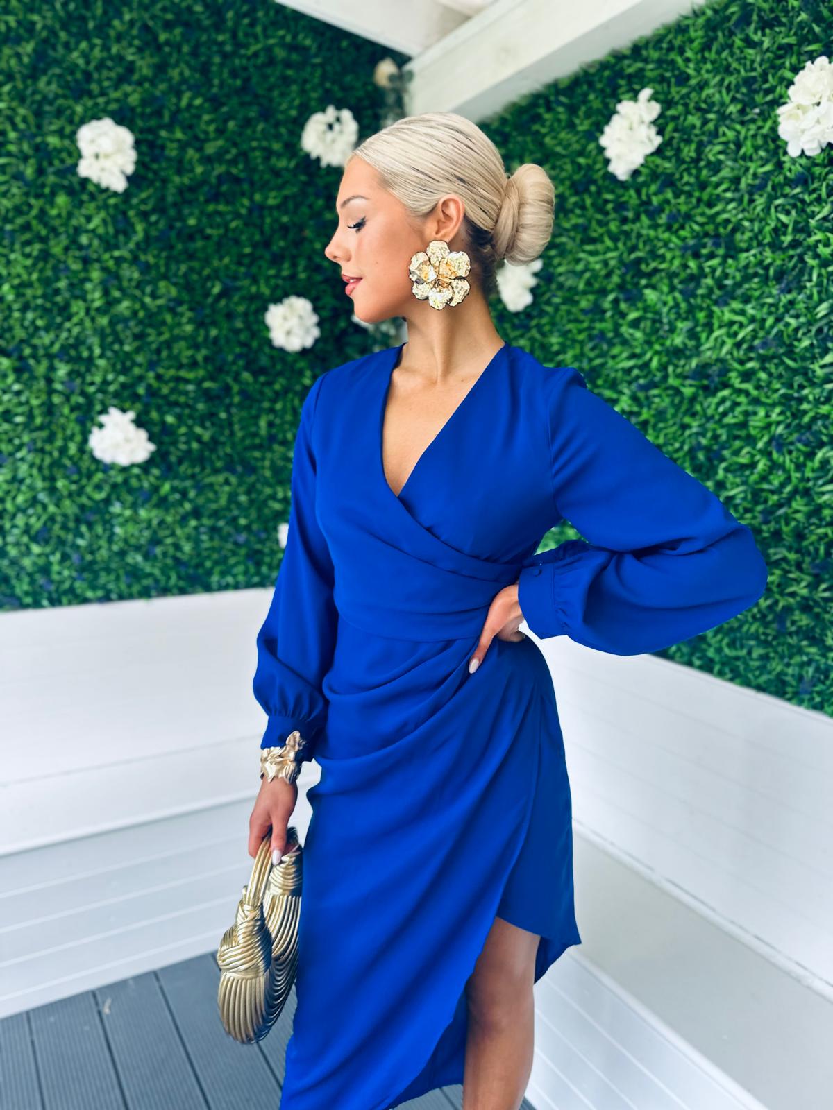 Elsa Long Sleeve Asymmetric Midi Dress Royal