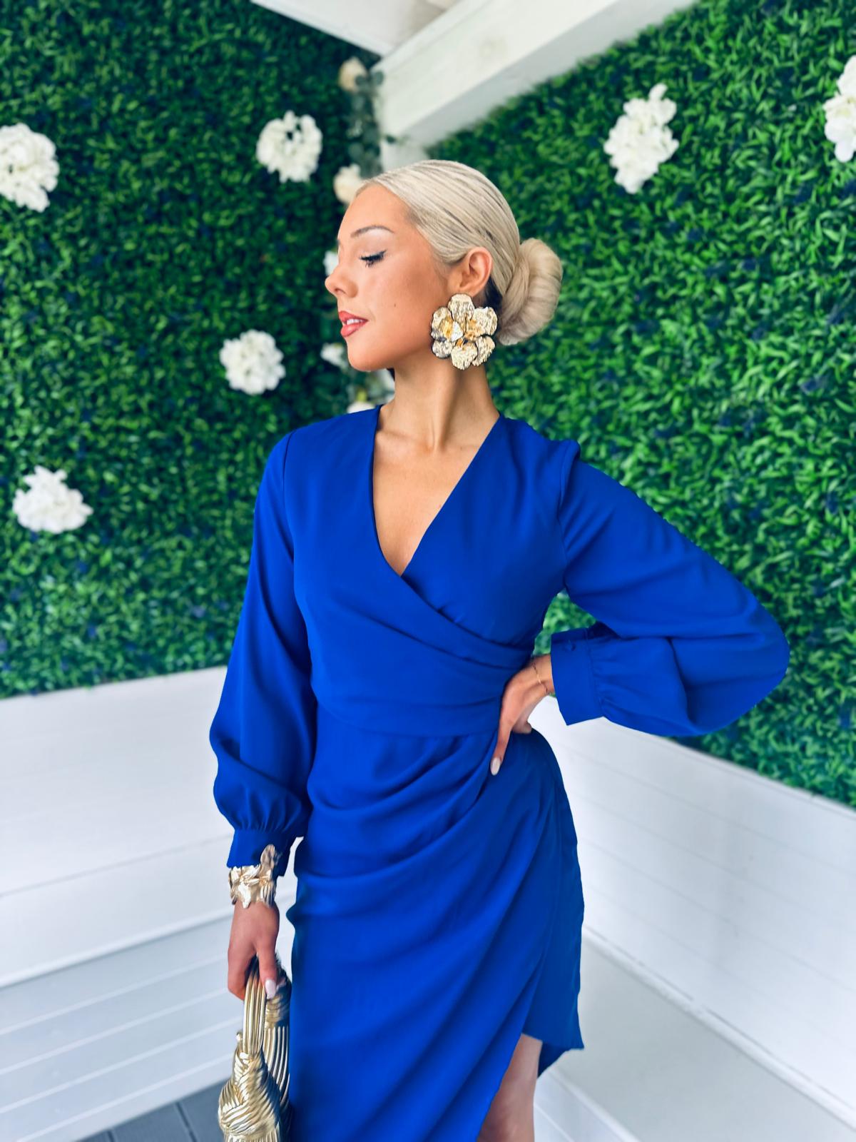 Elsa Long Sleeve Asymmetric Midi Dress Royal