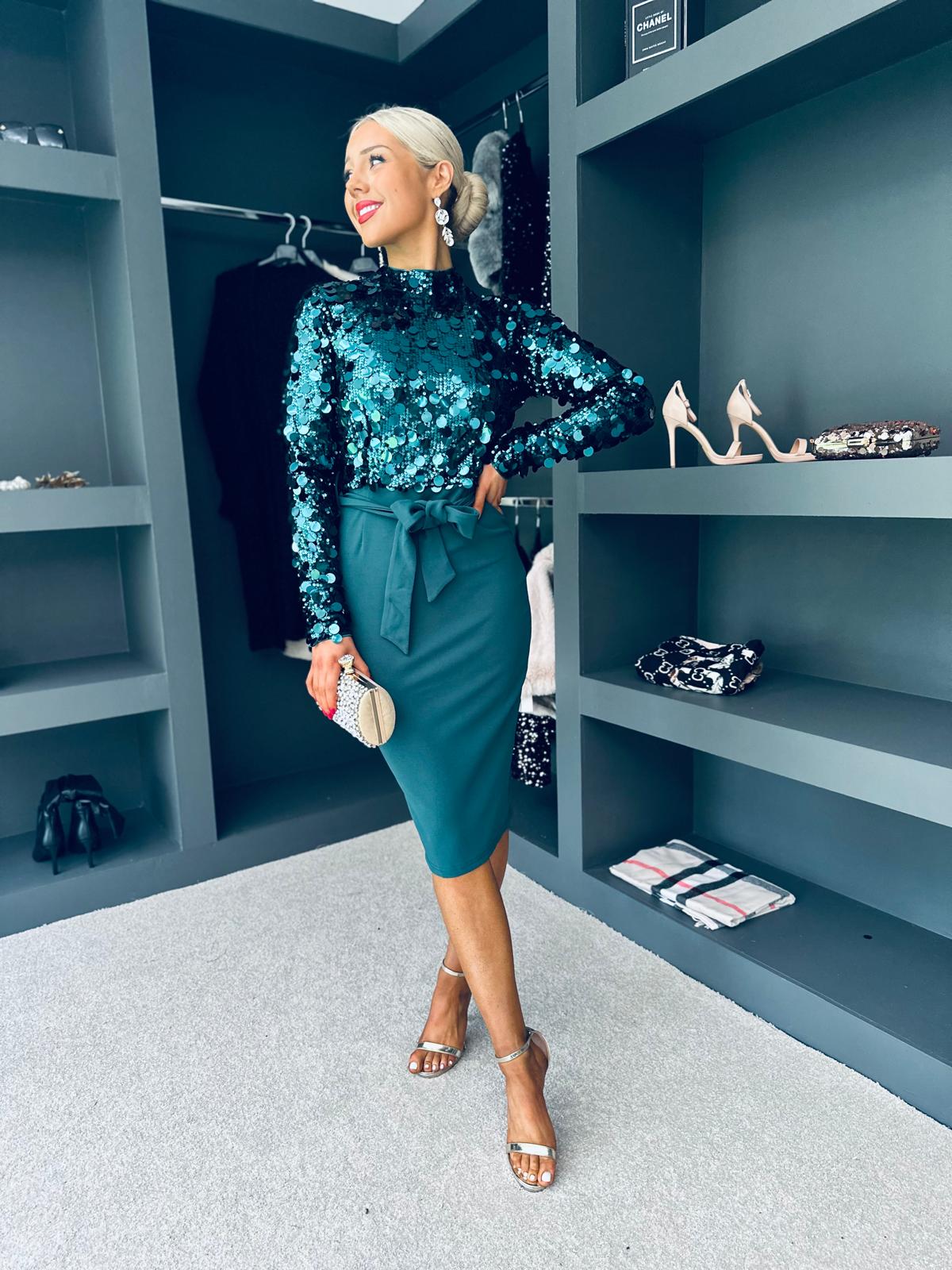 Trinity Sequin Occasion Midi Dress Forest