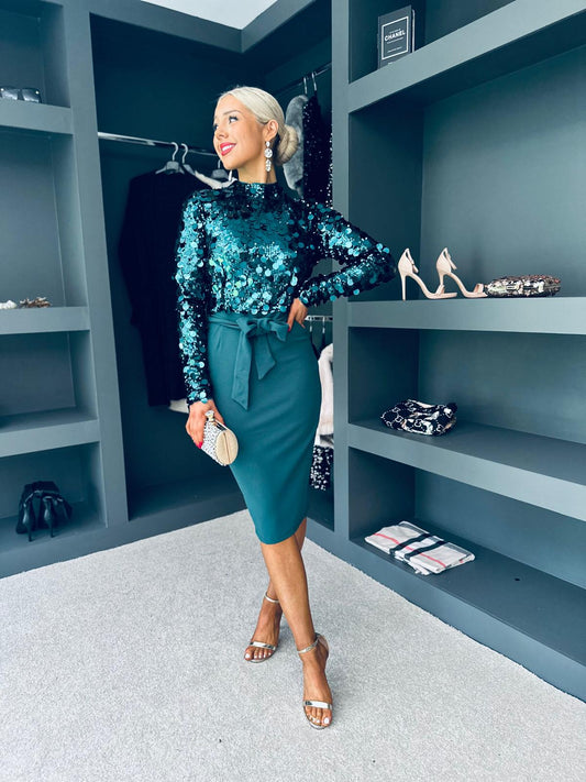 Trinity Sequin Occasion Midi Dress Forest