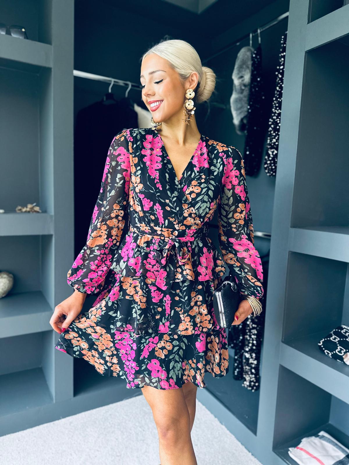 Kim Long sleeve Floral Tiered Mini Dress