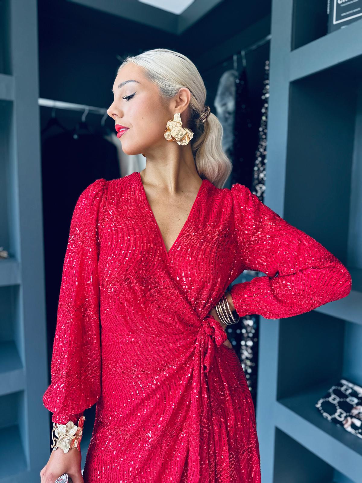 Jemma Sequin Wrap Midi Dress Red