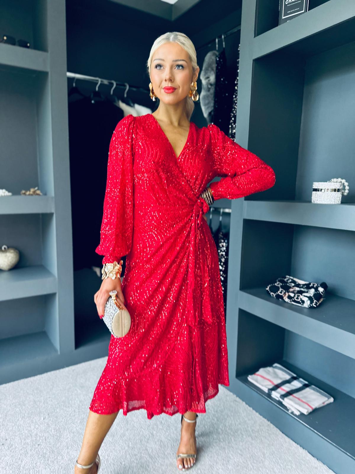 Jemma Sequin Wrap Midi Dress Red