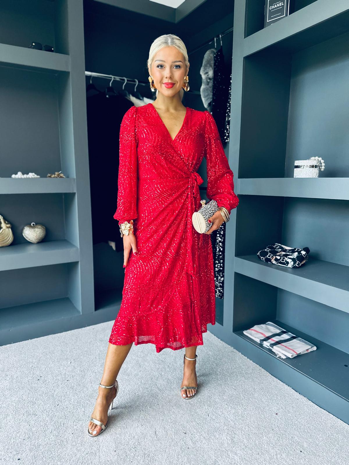 Jemma Sequin Wrap Midi Dress Red