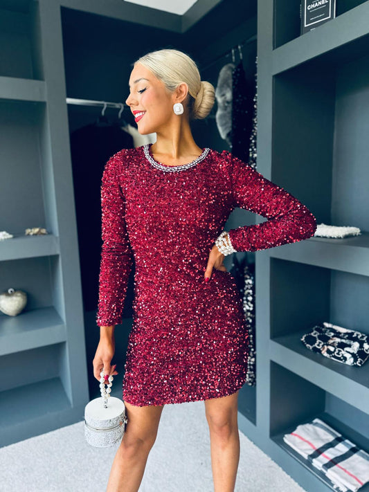 Ellie Detailed Sequin Mini Dress Burgundy