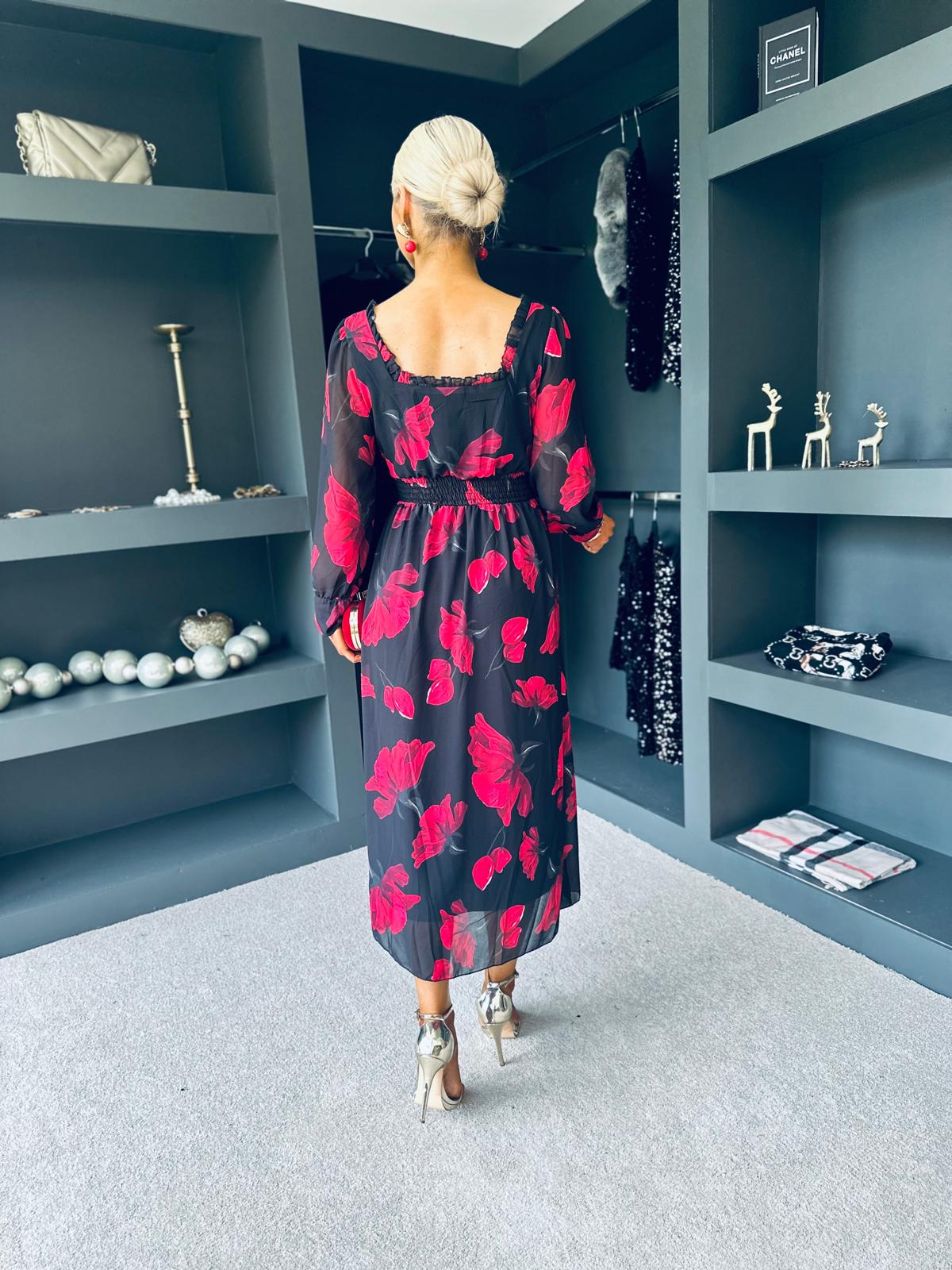 Meabh Square Neck Midi Dress Red Black Floral